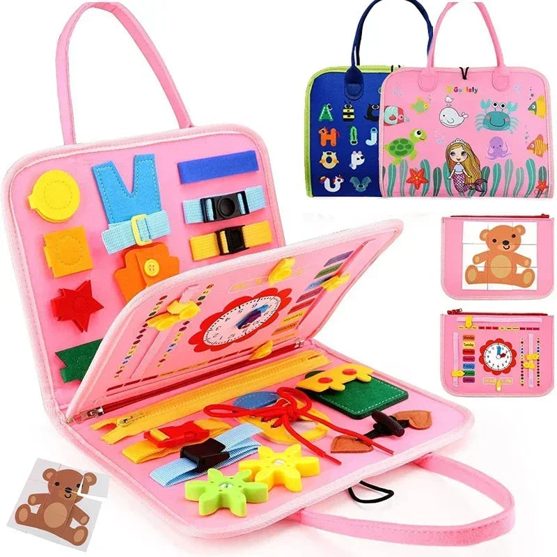 Pink felt busy book open with toddler activity pages