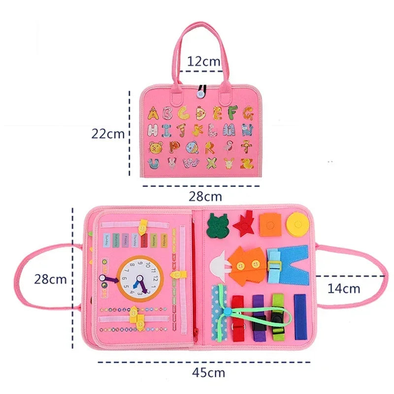 Busy book size guide with folded and open measurements