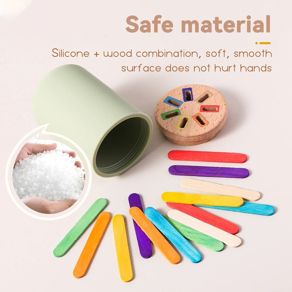 Silicone and wood colour sorting toy materials