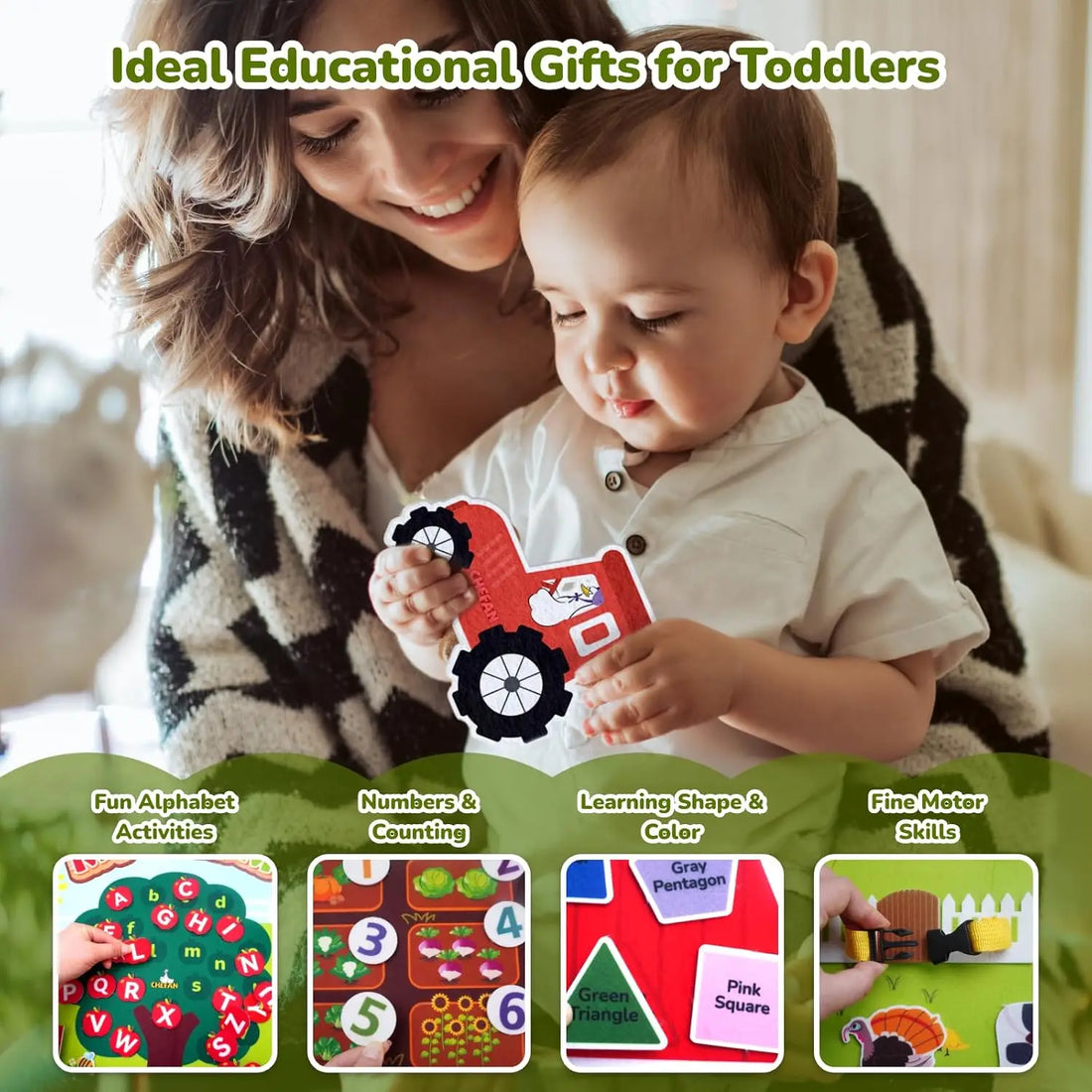 Parent and toddler with a farm felt story board