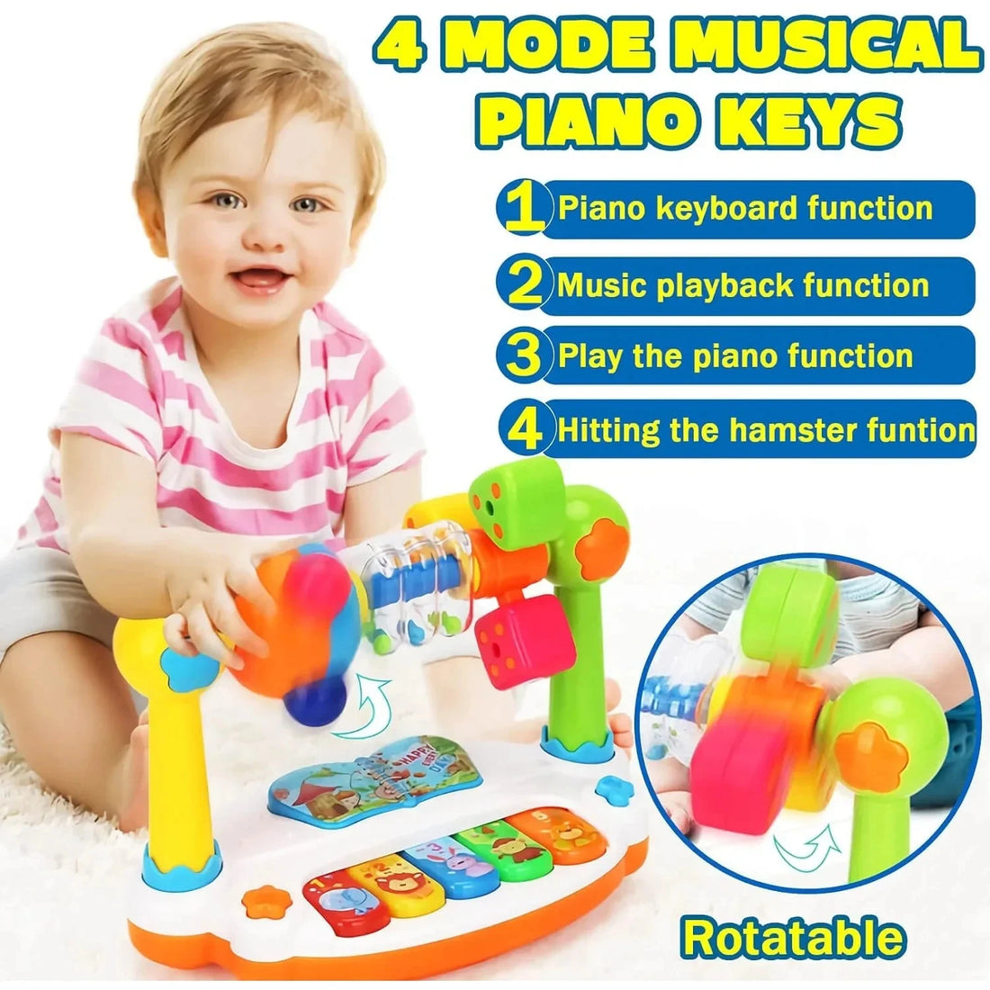 Toddler using the piano keys on a musical baby toy