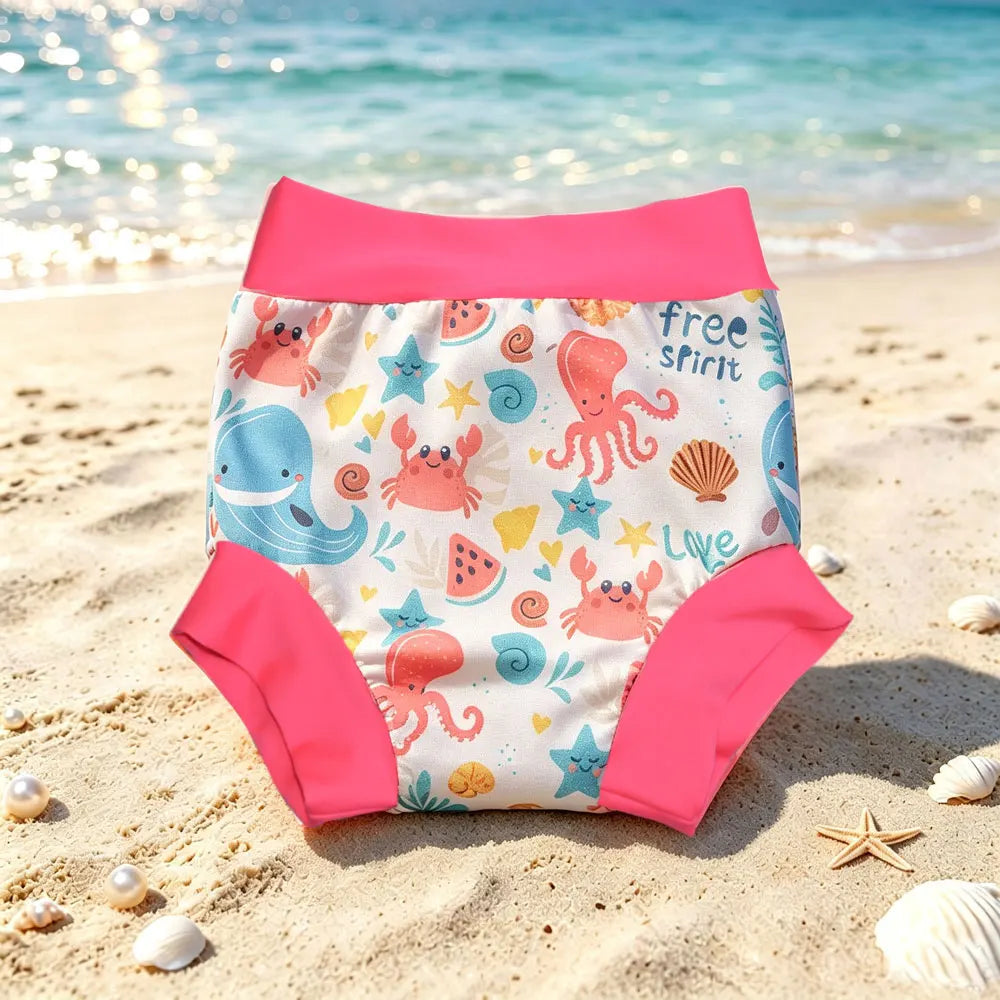 Reusable swim nappy, Coral Pink print