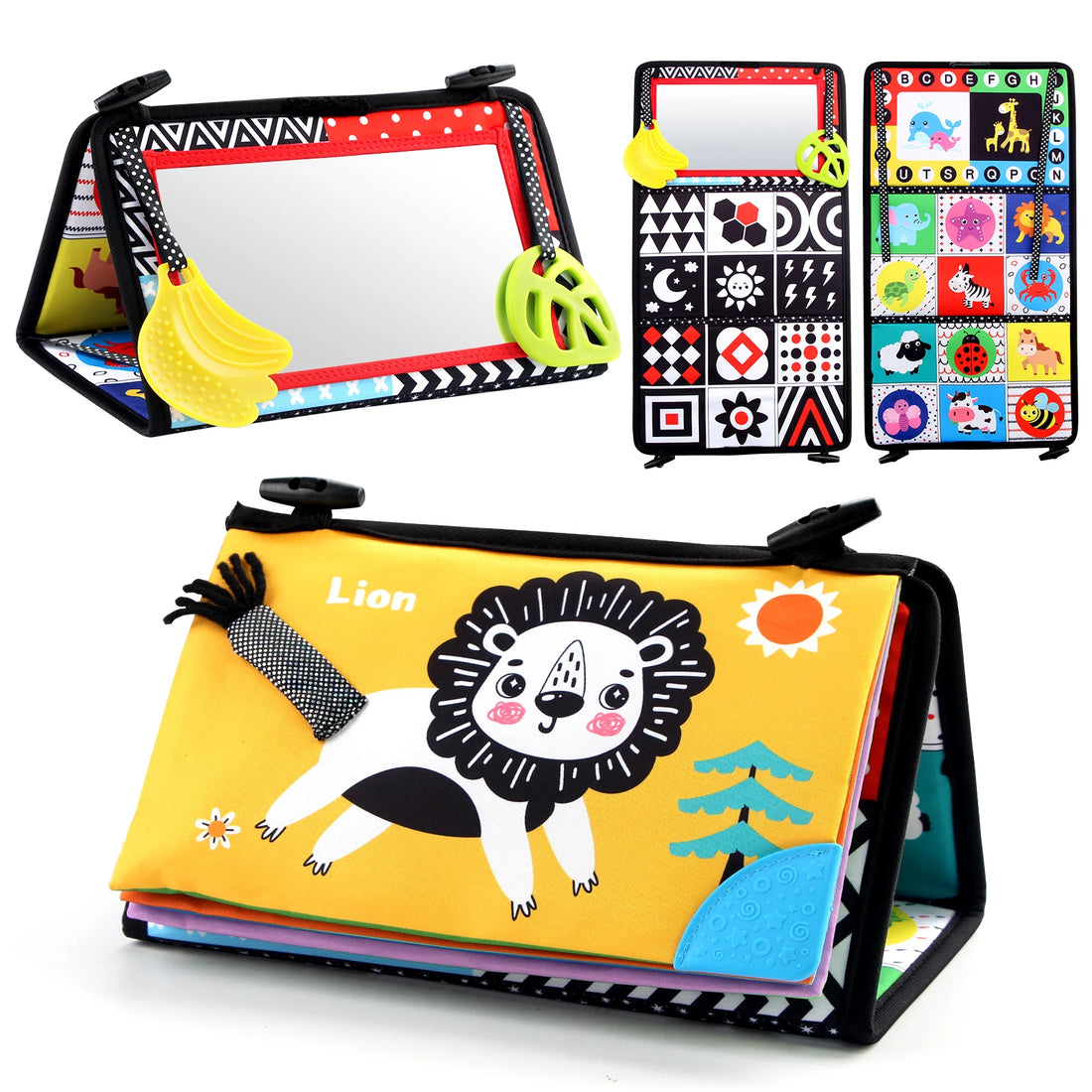 Tummy time mirror with black and white baby activity panels