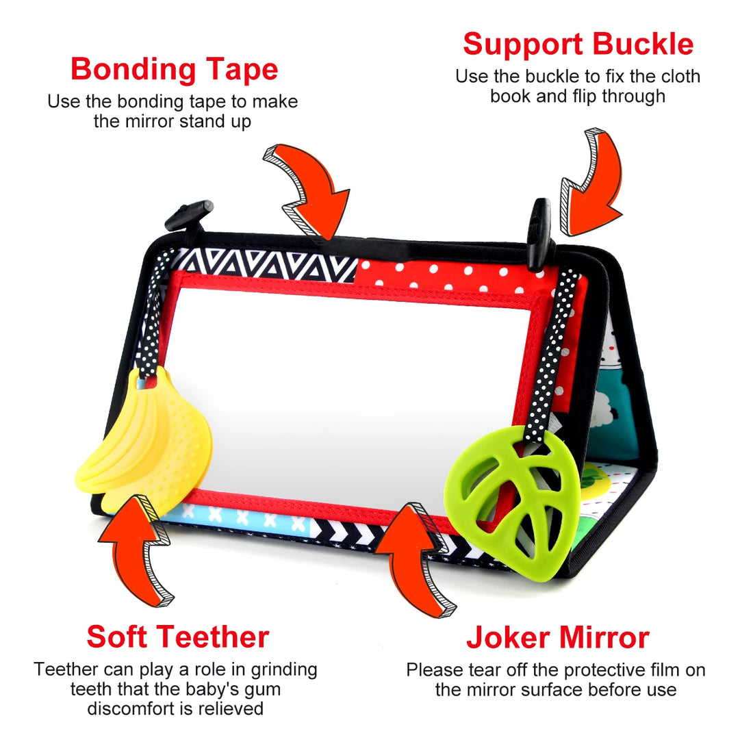 Tummy time mirror with teether and support buckle
