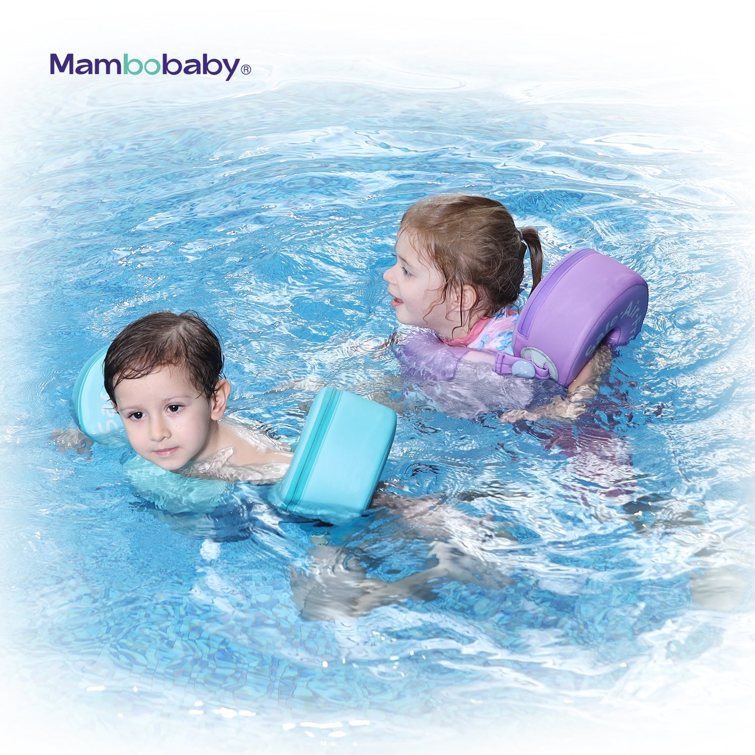 Boy and girl swimming confidently using Mambobaby Armband Float vests. Safe water play for toddlers and kids.